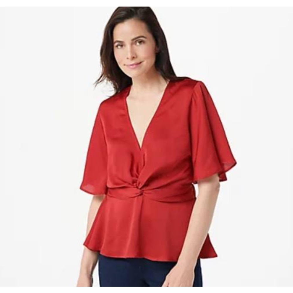 NEW! Bishop + Young Women's Pebbled Satin Front Twist Karlie Top XL Red V-Neck